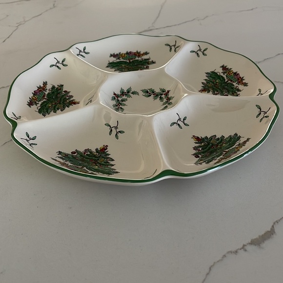 Spode Christmas Tree 6 Section Round Server Relish Tray 11" Scalloped Appetizer - Picture 3 of 4